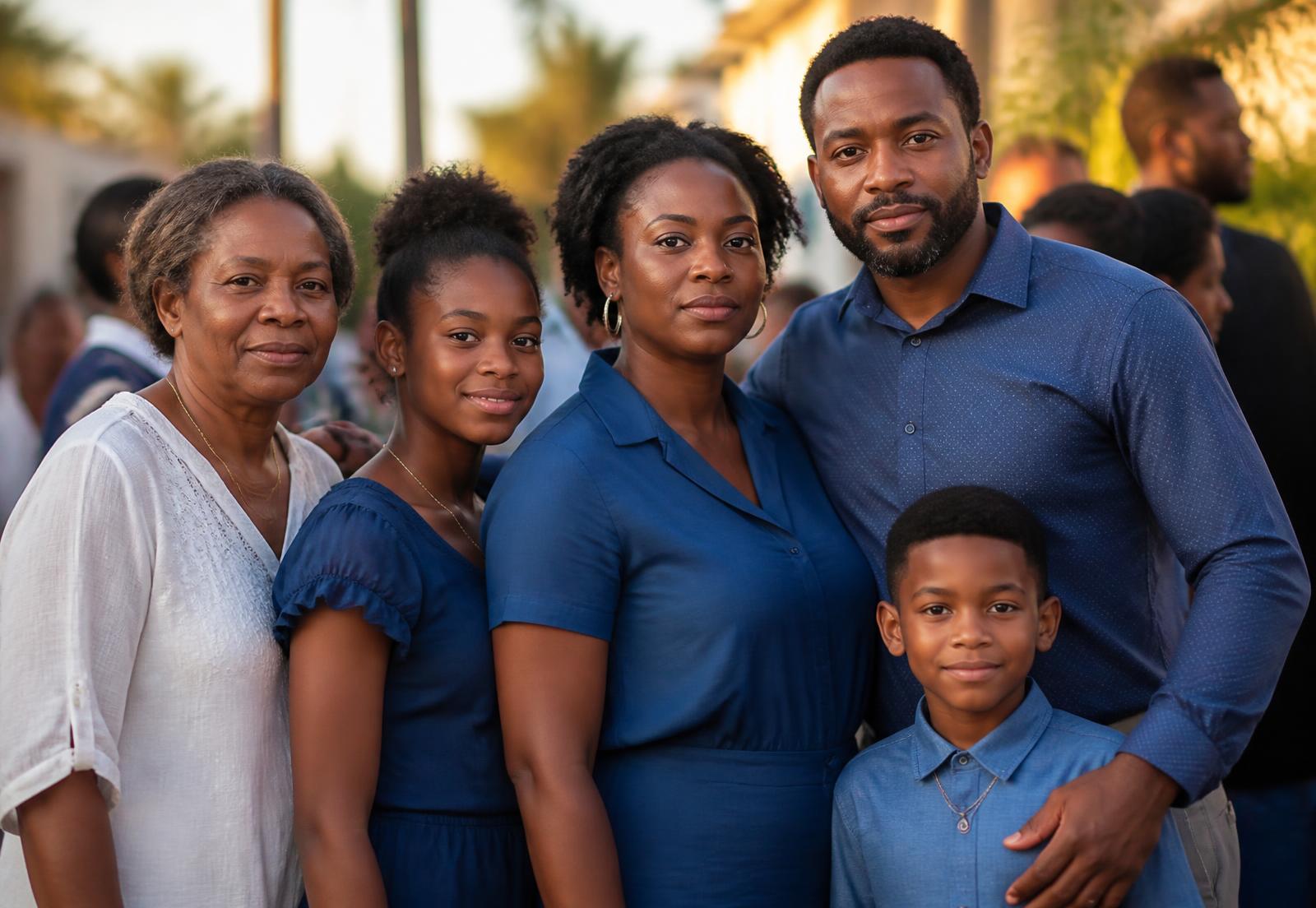 A multigenerational Haitian-American family standing together in warm evening light